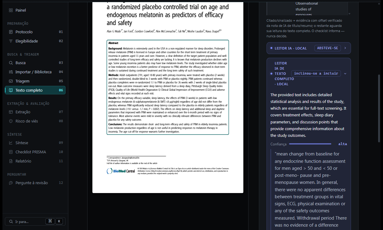 Compendium's full-text screening screen with the local AI reader's suggestion panel open: a leaning verdict, a confidence bar, and a literal quote from the attached PDF