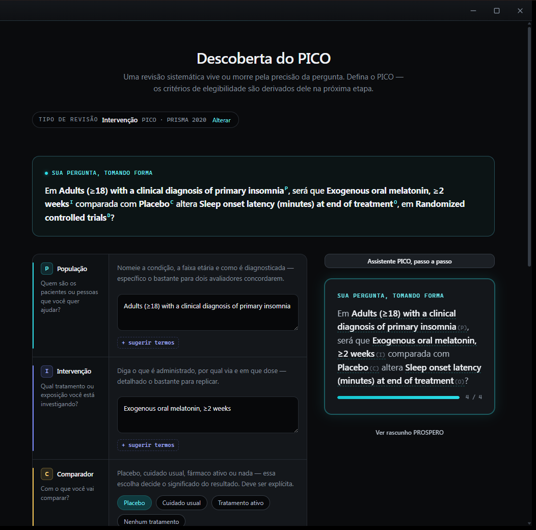 Compendium's PICO Discovery screen, guiding a researcher through Population, Intervention, Comparison and Outcome for a real review