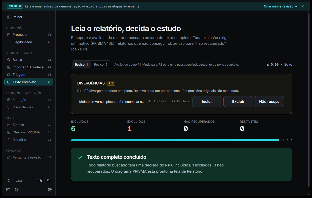 Real screenshot: Compendium's full-text screening screen resolving a reviewer disagreement