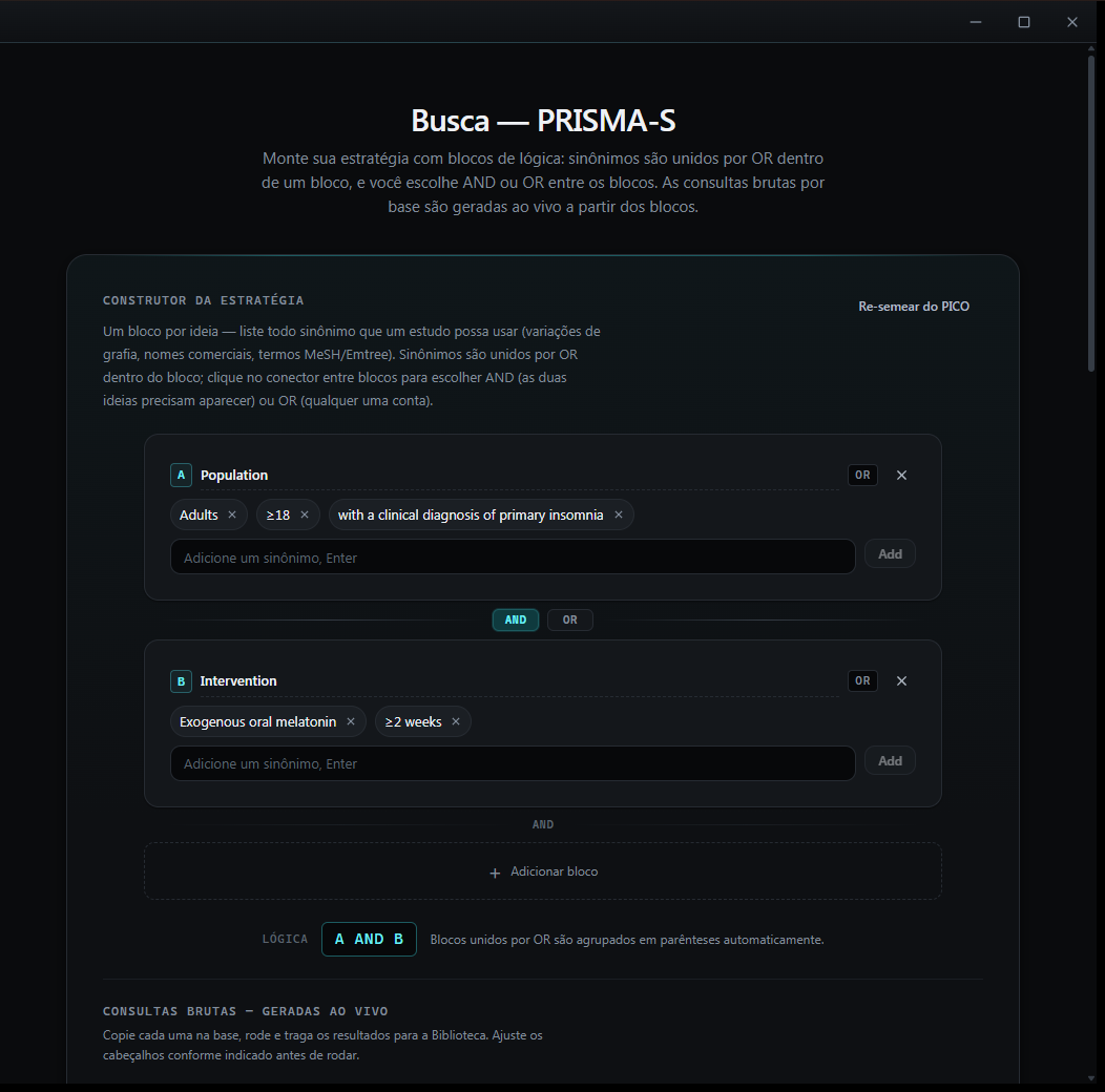 Compendium's search strategy builder, showing synonym blocks joined by AND/OR logic for a PRISMA-S-compliant search